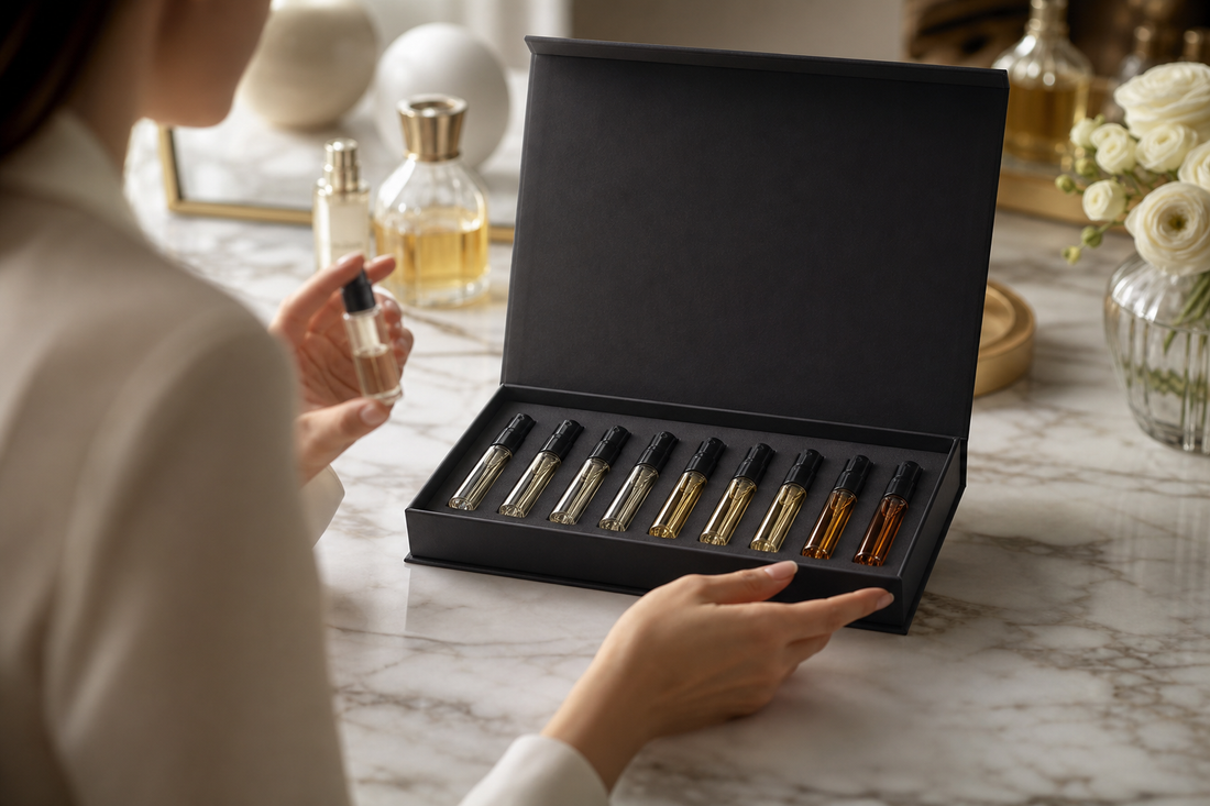 How can you verify a luxury perfume sample set before buying?